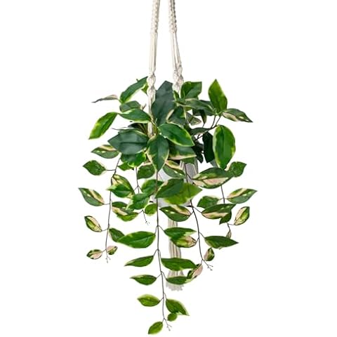 Briful Artificial Hanging Plant Indoor, Macrame Plant Hanger with Fake Pothos Plant in White Pot, Faux Hanging Plant for Home Ceiling Farmhouse Kitchen Decor Cover