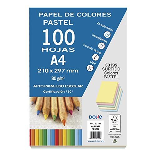 Dohe- Pack de 100 papeles A4, 80 g, multicolor pastel, Color surtido (30195)