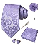 JEMYGINS Mens Lavender Paisley Tie Necktie and Pocket Square with Lapel Pin,Cufflinks,Tie Clip Sets 5PCS(14)