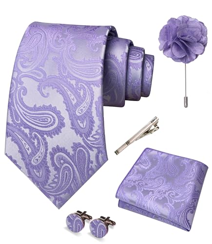 JEMYGINS Mens Lavender Paisley Tie Necktie and Pocket Square with Lapel Pin,Cufflinks,Tie Clip Sets 5PCS(14)