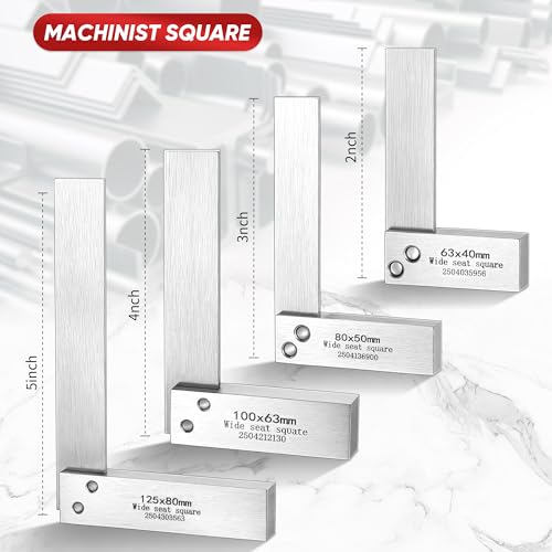 Image of Frienda Machinist Square Set, 2 inch, 3 inch, 4 inch and 5 inch Squares Machinist Engineer Steel Benchmark Measure Tools High Precision 90 Degree Wide Base Tool L-Type Testing Measuring Tool