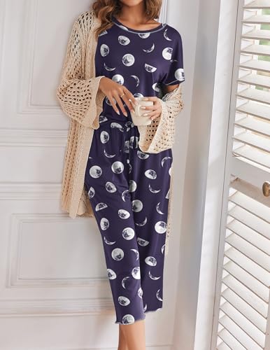 Image of Ekouaer 2 Pack Womens Pajamas Sets Short Sleeve Tops and Capri Pants Pjs Colorful Printed Sleepwear Sets