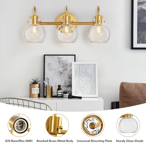 Image of 3-Light Vanity Light, Brushed Brass Bathroom Light Fixtures, Farmhouse Wall Sconces with Globe Clear Glass Shade, Porch Wall Mount Lamp for Mirror, Kitchen, Porch, Living Room, Workshop (E26 Base)