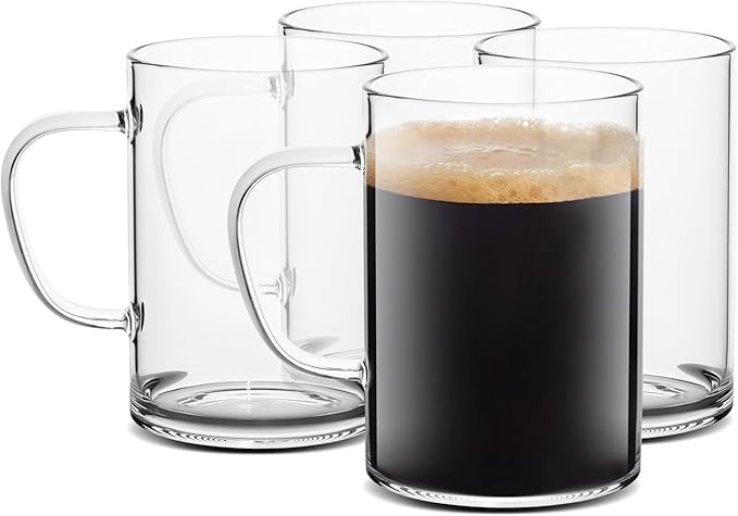 Image of PrimeWorld Glass Coffee Mugs - Set of 4, 470 ml | Large Clear Glass Tea & Coffee Cups | Lead-Free Flat Bottomed Glasses for Latte, Milk, Water & Everyday Beverages
