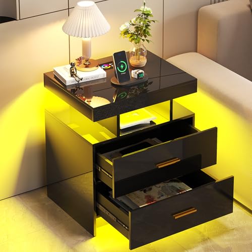 HNEBC LED Nightstand with Wireless Charging Station for Bedroom,Black | Smart Bedside Table with RGB Motion Sensor Lights,Higt-gloss Night Stand with USB Port for Living Room,Ideal Home