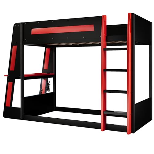 Image of GDFStudio Twin Over Twin Bunk Bed Frame with Desk, USB and LED Light, Solid Wood Gaming Bunk Twin Bed with Storage Shelves, High Loft Bed Twin Size with Under Entertainment Space, Black+Red