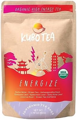 Kubo Tea, Energize Yerba Mate Green Tea, Organic High Caffeine Blend, 20 Servings (150mg Caffeine each), Pyramid Tea Bags, Compostable & Biodegradable ...