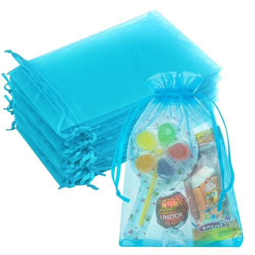 Image of Crweety 50PCS Blue Organza Bags 4x6, Small Mesh Gift Bags Drawstring, Elegant Sachet Bag Empty for Jewelry Candy Treats Baby Shower Wedding Birthday Mother's Day Party Favor Candy Packaging