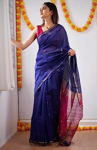 Image of SGF11 Women's Kanjivaram Soft Cotton Linen Silk Saree With Blouse Piece (Blue Pink)