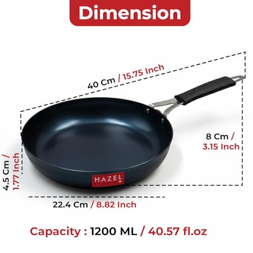 Image of HAZEL Traditional Lokhand Fry Pan | Heavy Duty Iron Skillet | 22 cm, 1.2 Litre | Induction & Gas Stove Compatible | Pre-Seasoned Black Iron Pan