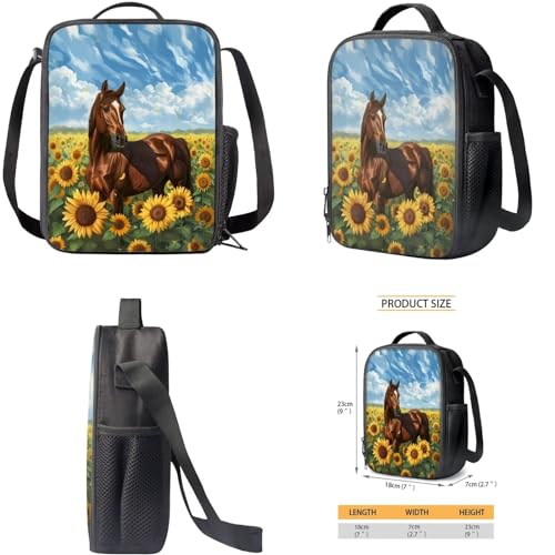 Sunflower Horse School Backpack Set for Girls 6-8 Years Old, Large Capacity Middle School Bookbag Horse With Pencil Case And Lunch Insulation Box With Handles 3 Pack4