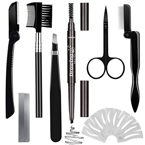 Eyebrow Razor Eyebrow Kit 17PCS with Eyebrow Pencil, Scissor, Eyebrow Brush, Eyebrow Stencil, Tweezers and Eyelash Comb for Women and Men, Maiden and Teenage Girls Grooming Kit(Black Eyebrow Pencil)