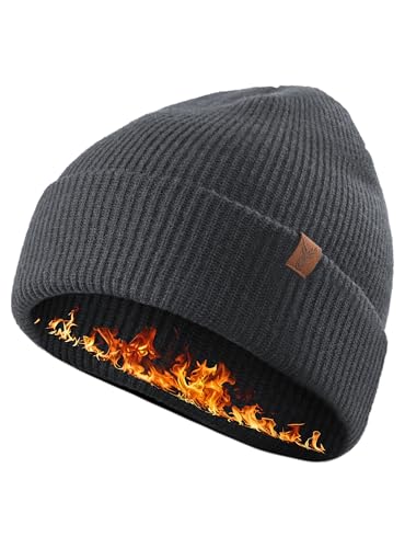 TRENDOUX Wollmütze Herren Damen, Merino Mütze mit Doppelte Warme Lagen, Thermo Mütze für den Winter, Unisex Beanie mit Dehnbarem Stoff, Atmungsaktiv zum Wandern Laufen, Dunkelgrau