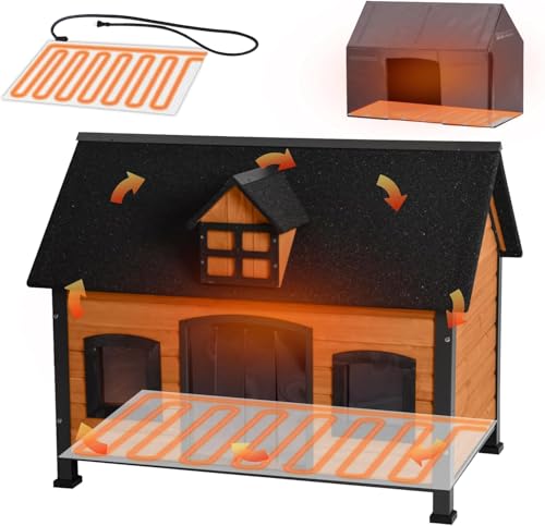 Heated Dog House with Insulated Liner Anti-Chewing Metal Frame Design Insulated Wooden Dog Kennel with Unique Design Roof, Weatherproof Dog House for Outdoor Indoor