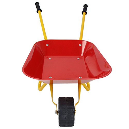 HOMGX Kids Wheelbarrow, Outdoor Kids Toy Wheelbarrow w/Steel Tray and Rubber Hand Grips, Durable Metal Construction Child Barrow, Toddler Size Garden Wheel Barrel (Red)