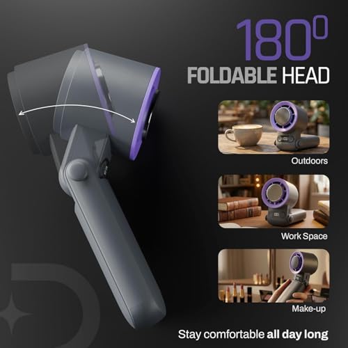 Image of Domestica Flo Hand Fan Rechargeable | 20000 RPM with IcyTouch | 4,000 mAh Battery [Up to 12H] | 3-in-1 Hand, Neck & Desk Fan | Portable, 180 Foldable Design | For Travel, Office, Makeup(Shadow Plum)