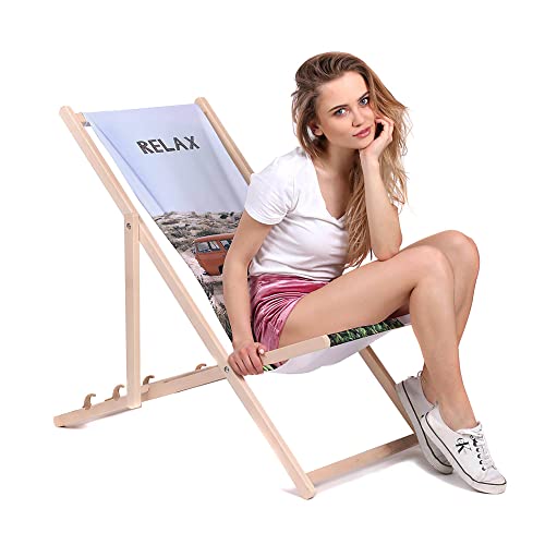 DreamRoots Liegestuhl Klappbar Holz aus Buchenholz, bis 130 kg belastbar, 3-Fach verstellbare R&uuml;ckenlehne, waschbarer Polyesterbezug