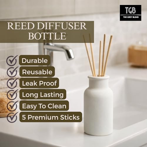 Image of Concrete Reed Diffuser Pot with 5 Reed Sticks - Empty Cylindrical Aroma Diffuser Bottle for Essential Oils | Minimal Home Fragrance Decor for Living Room, Bathroom & Desk (9.5 CM)