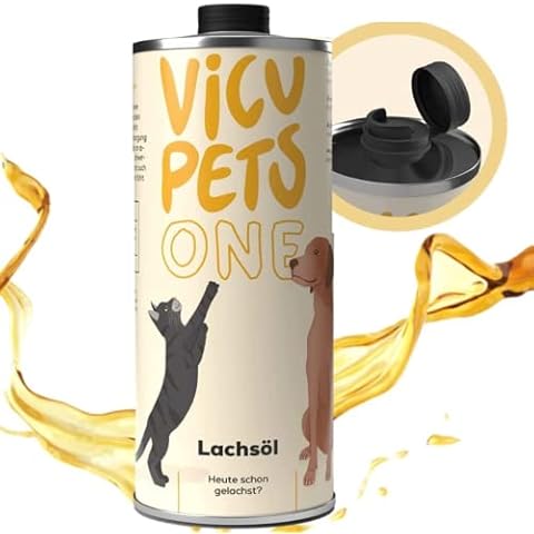 Vicupets - 1 Liter Lachsöl für Hunde, Pferde und Katzen | 1L Premium Lachsöl 1 Liter ohne künstliche Zusätze | Fischöl reich an Omega 3 | Barf Öl leicht zu dosieren durch patentieren Verschluss Cover