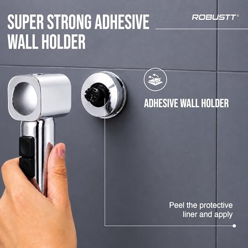 Image of Robustt Health Faucet for Toilet with 1.2m Hose (304 SS) with Adhesive Wall Mount Holder |2 Flow Modes | Jet Spray Pipe for Toilet with Stream & Rain Settings - Chrome Finish Bathroom Faucet