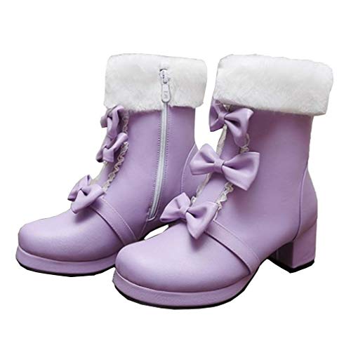 Elyffany Womens Sweet Platform Lolita Boots Mid Chunky Heel PU Side Zipper Bow Ankle Boots2
