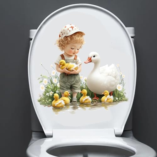 Nouiroy Cute Boy and Girl Vinyl Sticker White Swan and Ducklings Toilet Lid Decal - Self-Adhesive Daisy Toilet Seat Sticker & Wall Sticker Lovely Home Bathroom Decoration Sticker (Cute Boy)