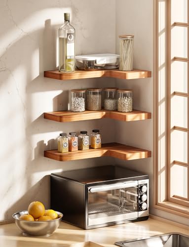 BATODA Acacia Wood Corner Floating Shelves 17" x 12"β Corner Shelf Wall Mounted - Floating Book Shelves for Wall - Brackets and Shelving Hardware Included for Kitchen, Living Room, Bathroom (Set 2) BATODA Acacia Wood Corner Floating Shelves 17" x 12"β Corner Shelf Wall Mounted - Floating Book Shelves for Wall - Brackets and Shelving Hardware Included for Kitchen, Living Room, Bathroom (Set 2)