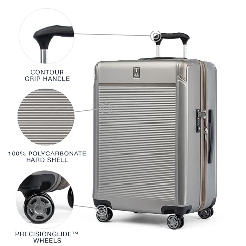Image of Travelpro Platinum Elite Hardside Expandable Checked Luggage, 8 Wheel Spinner, TSA Lock, Hard Shell Polycarbonate Suitcase, Metallic Sand, Checked Medium 25-Inch