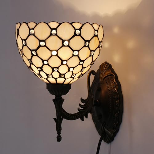 Image of Tiffany Wall Sconce Lamp Stained Glass 8X10.5X11 Inch Plug in Wall Bedside Light for Hallway Bedroom (Amber Bead Style)