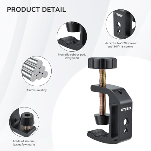 Image of UTEBIT Universal C-Clamp for Desktop Mount Holder, with 1 /4 inch & 3 /8 inch Thread | 3.7 inch-5.7 inch Desk C-Clamp Aluminum Support Clamp for Desktop Mount Carts Benches Worktables, Black