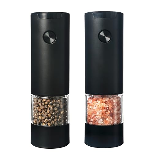 Electric Salt and Pepper Grinder Set of 2, Automatic Operation Salt Pepper Mill Sets with Adjustable Coarseness, Battery Powered，Spices and Seasoning Grinders