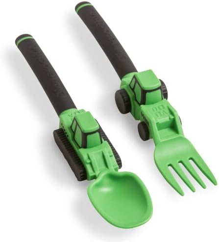 Dinneractive Utensil Set for Kids – Construction Themed Toddler Forks and Spoons, Toddler Utensils – 2-Piece Set – Green Construction Utensils For Toddlers - Loader & Tractor Toddler Spoons and Forks