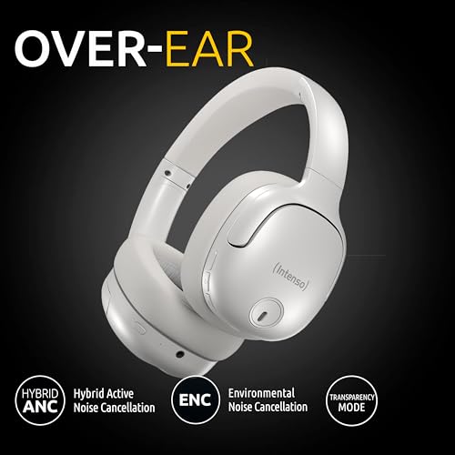 Intenso O400HA Casque Supra-auriculaire Hybride, réduction Active du Bruit, jusqu'à 75 Heures d'autonomie et Bluetooth 5.3, avec Mode Musique, Mode Transparent et Temps de Charge Rapide, Blanc