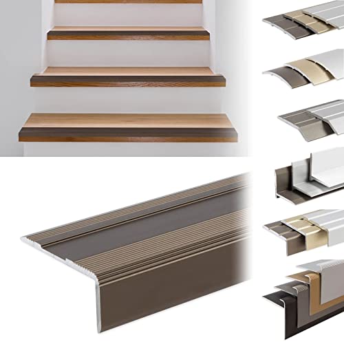 KARAT Perfiles de borde de escalón autoadhesivos o preperforados con material de montaje, perfiles de borde de escaleras, perfiles angulares (gloria, bronce oscuro, 1340 x 36 x 17 mm, preperforados)