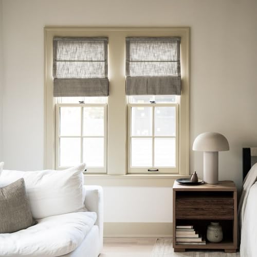 Image of TWOPAGES Liz No Drill Cordless Roman Shades Linen Textured Roman Blinds for Windows, Custom Made Room Darkening Blackout Roman Window Shades, Hardware Included, Taupe Grey, 1 Piece