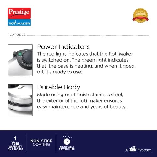 Image of Prestige PRM 3.0 900-Watt Plain Plate Roti Maker (Silver) | Non-Stick Coating, 1 Year Warranty, Stainless Steel body,