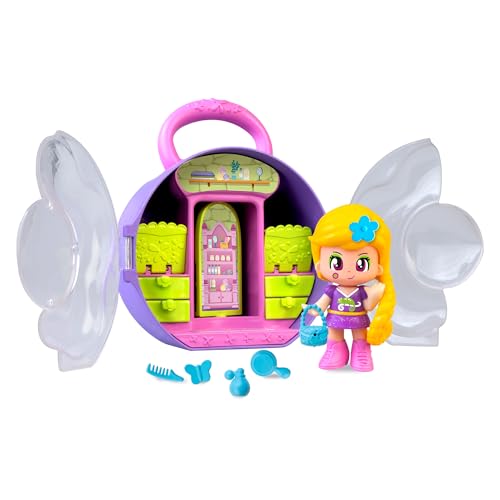 Pinypon Contos com Bolsinho, Bolsa Roxa com Alça, Figura de Rapunzel do Mundo dos Contos, Armário para Guarda de Acessórios e Roupas, Inclui 3 Acessórios Pequenos, Famosa (PNY82100)