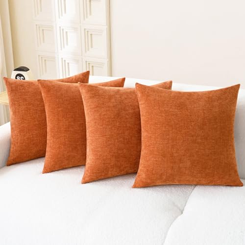 Image of CaliTime Fall Throw Pillow Covers Decorative 18 X 18 Inches Pack of 4 Cozy Chenille Cushion Cases for Couch Sofa Bed Living Room Home Burnt Orange