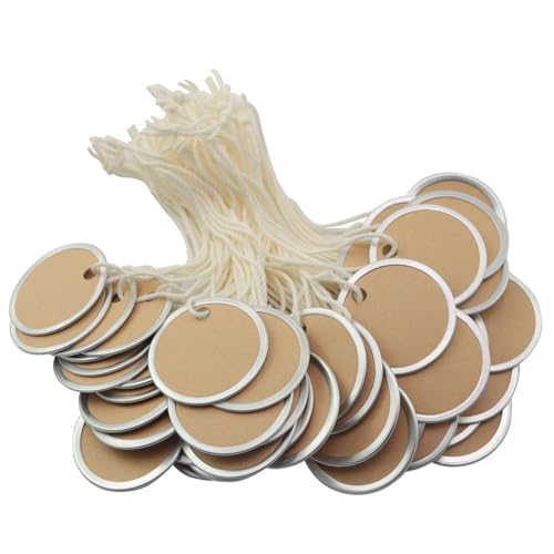 XGNG 60PCS Aluminium Edged Round Kraft Paper Tags with Cord
