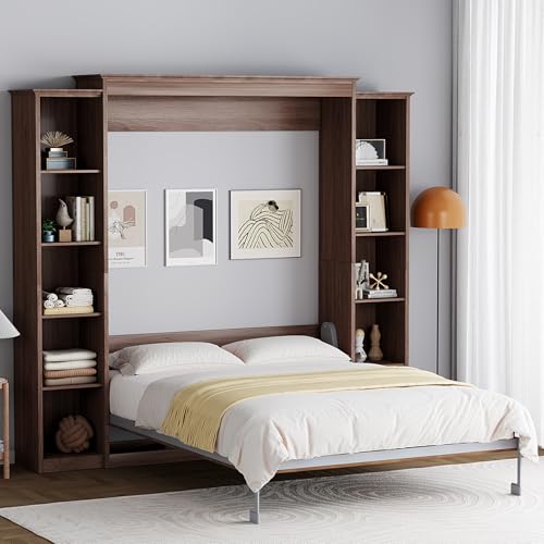Rophefx Queen Murphy Bed Cabinet with 5-Tier Adjustable Storage Shelves, Wood Queen Wall Bed Cabinet Bedframe, Space Saving Beds, Hidden Bedframe, Foldable Platform Beds for Guest Room, Walnut Color