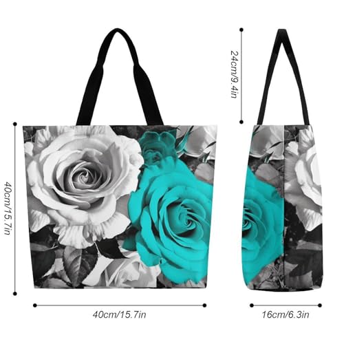 Black White Teal Gray Rose Flowers Large Grocery Tote Bag Women Fashion Handbag Duty Reusable Shoulder Bag for Travel Vacation Shopping Beach Bags2