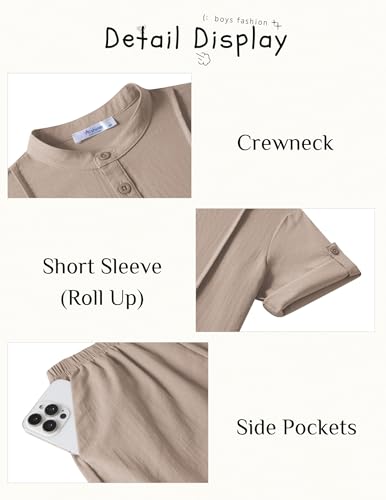 Arshiner Boy's Khaki Linen Set Short Sleeve Henley Shirt & Shorts Summer Beach Matching Outfit 9-10 Years