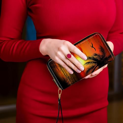 Women's Card Holder Wristlet Wallet, Convenient Travel Long Wallet with Strap and Pink Compact Mirror, Fashion and Sturdy Wristlet Long Purse for Women, Coconut Tree Sunset2