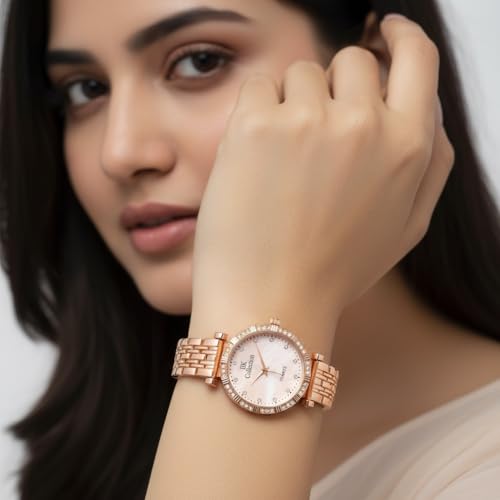 Image of IIK COLLECTION Watches for Women Round Studded Dial |Analogue Quartz Movemnet Ladies Watch|Long Battery Life|Stainless Steel Adjustable Bracelet Chain Strap|Double Lock Clasp Safety Watches for Girls