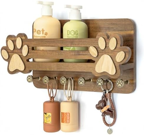 MTERSN Acacia Wood Dog Leash Holder for Wall – Cute Dog Paw Key H...