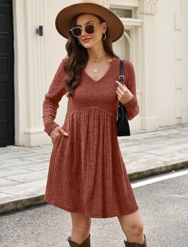 OFEEFAN Long Sleeve Sweater Dress Fall Dresses 2025 V Neck Empire Waist Baby Doll Dresses Women Casual Dress with Pockets - Image 4