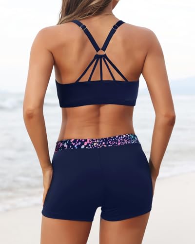 Image of 3 Piece Swimsuits Open Tie Back Tankini Top And Athletic Swim Shorts | Supportive Strappy Swim Bra, Adjustable Straps, Removable Pads, Tummy Control Boyshorts, Quick Dry Fabric, XXS-20 Plus