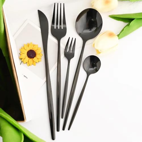 Image of aDai Korean Premium 20 Piece Stainless Steel Cutlery Set | Modern Flatware for Dining | Elegant Gift Box for Everyday Use (Black)