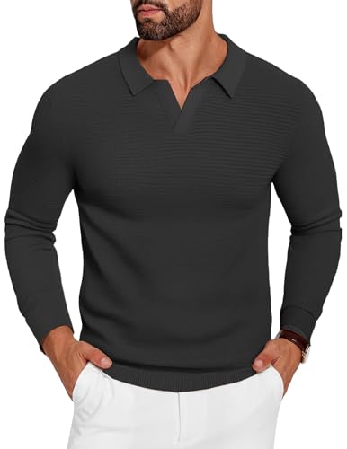 COOFANDY Mens Knit Polo Shirts Long Sleeve V Neck Textured Casual Pullover Sweater Fall Fashion Winter Golf Vintage Shirts Black
