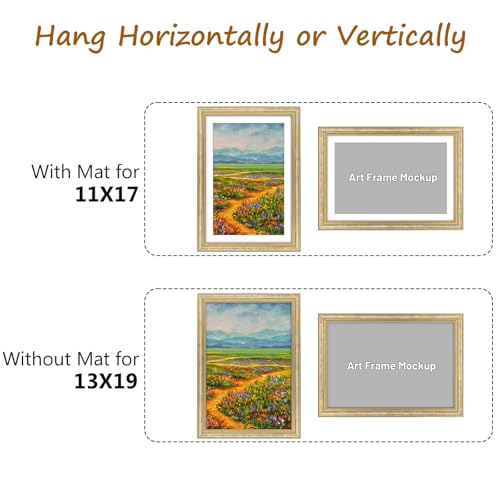 Image of Golden State Art,13x19 Ornate Picture Frame Holds 11x17 Photo,Vintage Gold | Includes plexiglass front,white mat,build-in hangers and buttons.Displays 11x17 photo on wall